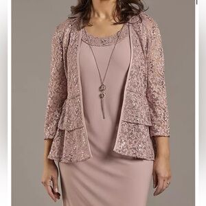 R&M Richards Sequin Lace Soutache Dress and Jacket Set with Built In Necklace